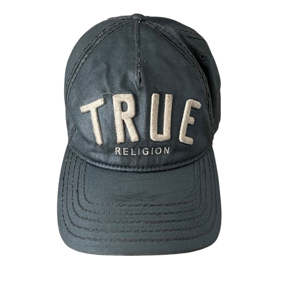 True Religion Men's Adjustable Leather Strapback Distressed Thick Stitch Hat Cap